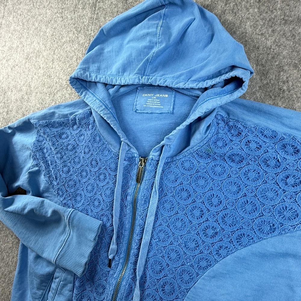 DKNY Jeans Womens Blue Crochet Lace Full‎ Zip Hoodie Cotton Sweatshirt Large